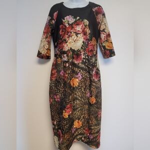 Julian Taylor NY Floral & Animal Print Midi Dress Size 12 Black 3/4 Sleeve